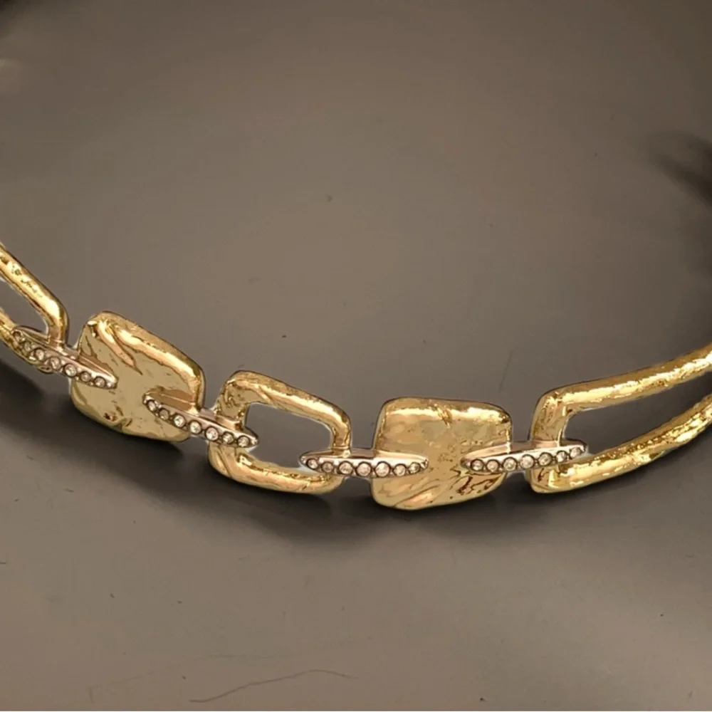 ALEXIS BITTAR • Gold Silver Chain Link Crystal Abstract Buckle Choker Necklace